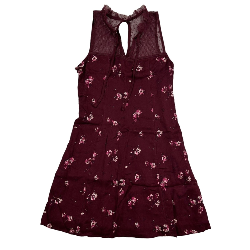 Hollister Maroon Floral Sleeveless Mini A-Line Dress Lace Split Neck XS Ruffle